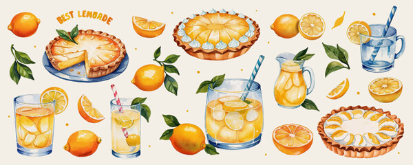 Lemon citrus, lemonade, lemon cake, refreshing drink, desserts. Vector set and collection of watercolor decorative and design elements. Isolated on a white background.
