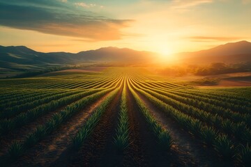 Expansive Agave Plantation At Sunset In Jalisco, Mexico, Scenic Landscape With Vibrant Rows Of Plants And Golden Sunlight