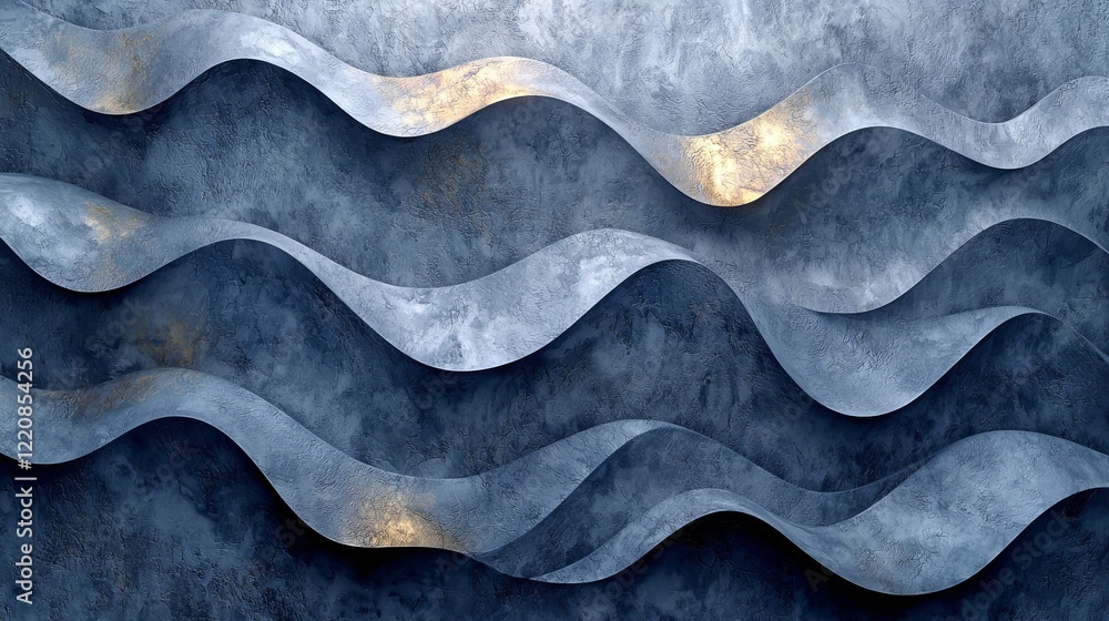 Poster flowing waves of textured patterns modern art installation abstract design indoor space aerial view 
