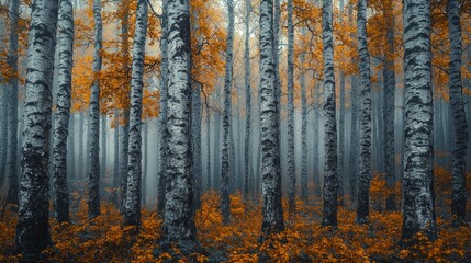 Obraz premium Autumn forest scene birch trees nature photography misty environment close-up view tranquil atmosphere