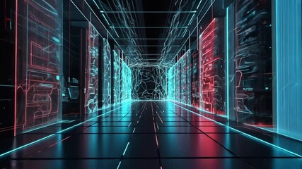 Futuristic data center corridor, glowing servers, network infrastructure, digital technology, background for tech - Powered by Adobe