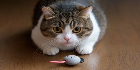 Fluffy cat plays with toy mouse on wood floor. Adorable pet image for websites