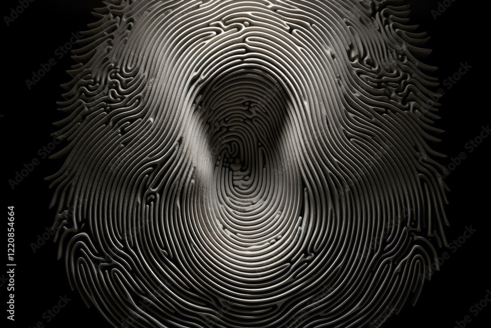 Poster fingerprint forming a circular pattern on a dark background, representing identity, security, and bi