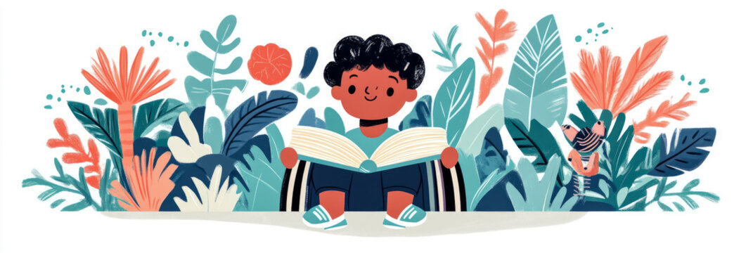 Child Reading Book Surrounded by Lush Tropical Foliage: An Illustration