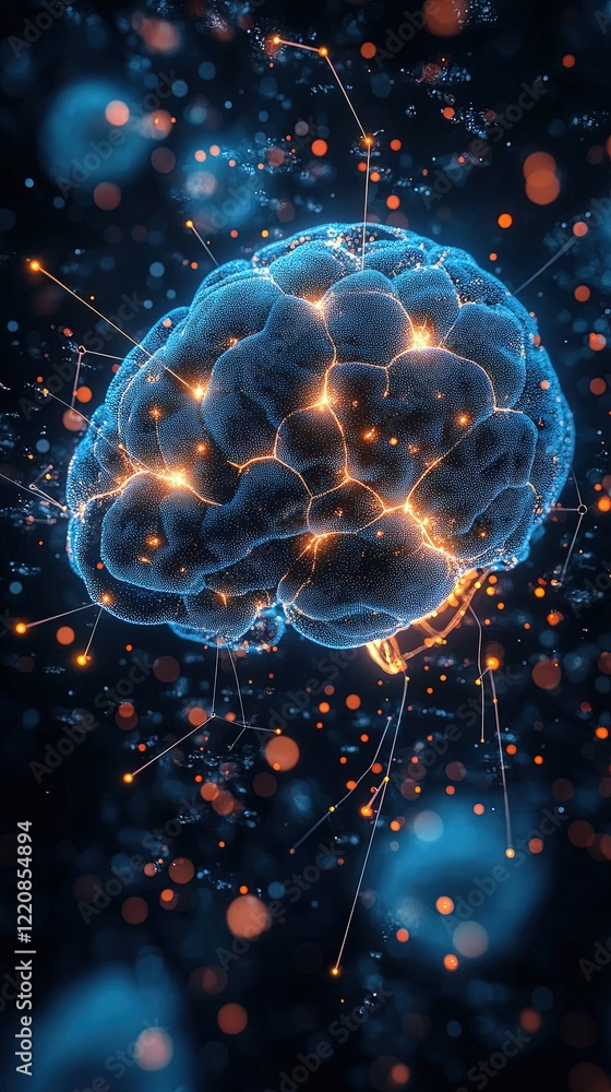 Poster glowing brain with neural network activity on dark background