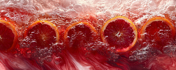 Obraz premium Slices of Blood Orange in Bubbles with Swirling Red Liquid Background