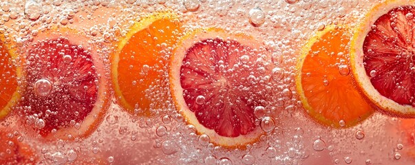 Fresh Citrus Slices in Bubbles of Sparkling Water on a Colorful Background