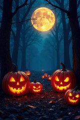 Fototapeta premium full moon and glowing jack o lanterns in a forest, glow, forest, pumpkins