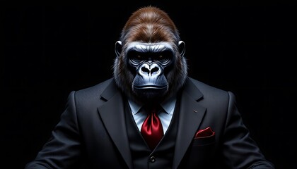 Powerful Gorilla in Sharp Suit Red Tie Dark Background