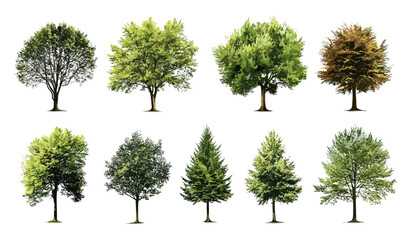 Fototapeta premium Set of green trees isolated on white background, different kinds of tree collection, tree types, forest illustration, nature design, eco-friendly trees, green plant graphic