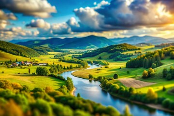 Fototapeta premium Miniature Panoramic Landscape Dream: Whimsical Tilt-Shift Scenery