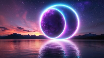 Parade of Planets of A stunning cosmic scene featuring ethereal rings, a dark planet, and a vibrant sunset reflected on tranquil water.