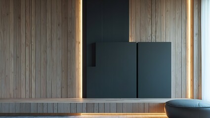 Black signboard with copyspace and backlight on the corner of eco style wooden building near entrance, 3D rendering, mock up