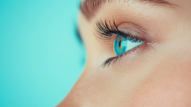 Close-up of a Woman's Blue Eye with Long Eyelashes against a Teal Background