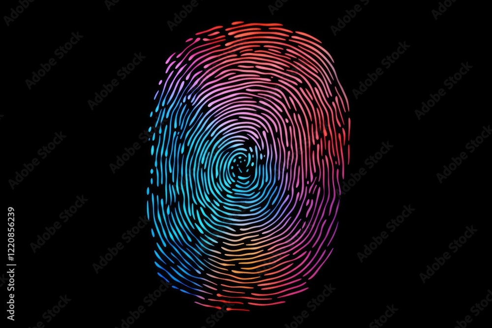 Poster colorful fingerprint glowing on dark background representing identity, security and biometric authen