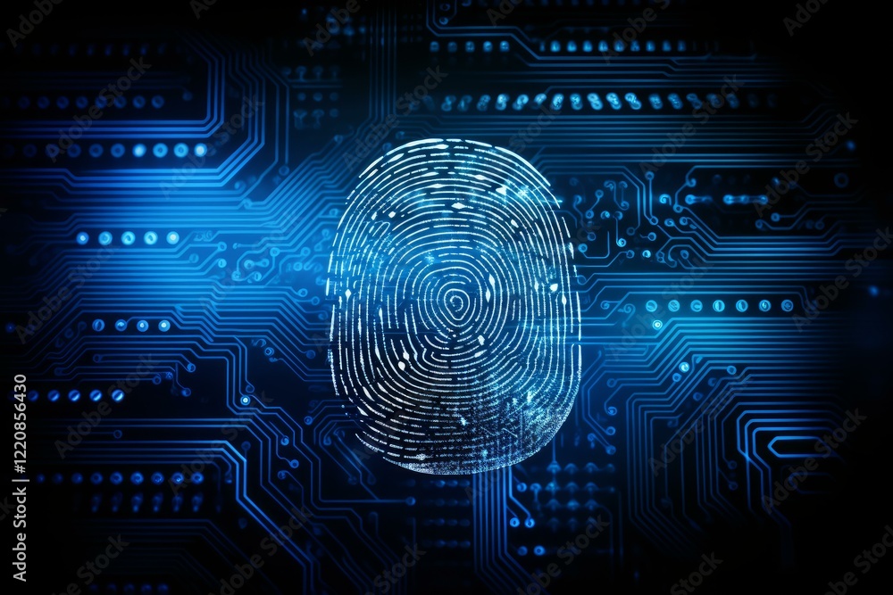 Poster fingerprint being scanned on a circuit board, representing biometric security and access control in 