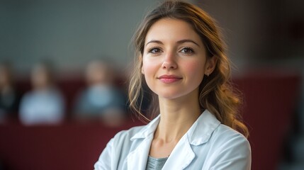 Obraz premium A young woman with long brown hair and a white lab coat stands in front of a blurred background.