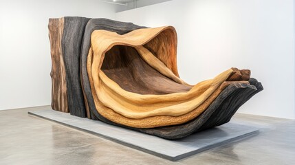 Abstract Wood Sculpture in Modern Art Gallery Setting