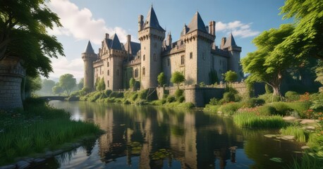 Fototapeta premium A majestic castle with a moat and lush green gardens, garden scene, outdoor