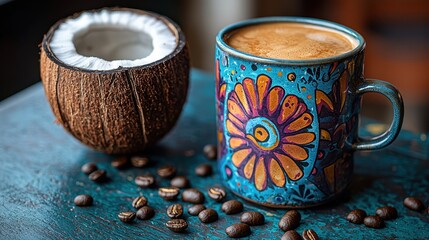 Bohemian mug of coffee with fresh coconut and coffee beans on rustic table