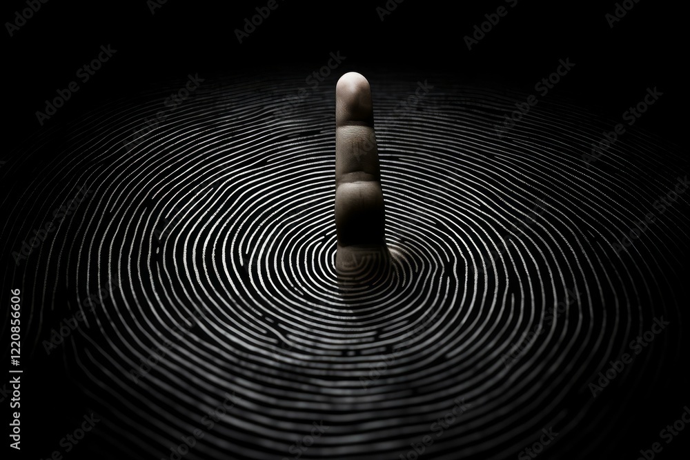 Poster finger making a fingerprint pattern with concentric circles on a black background, concept of identi