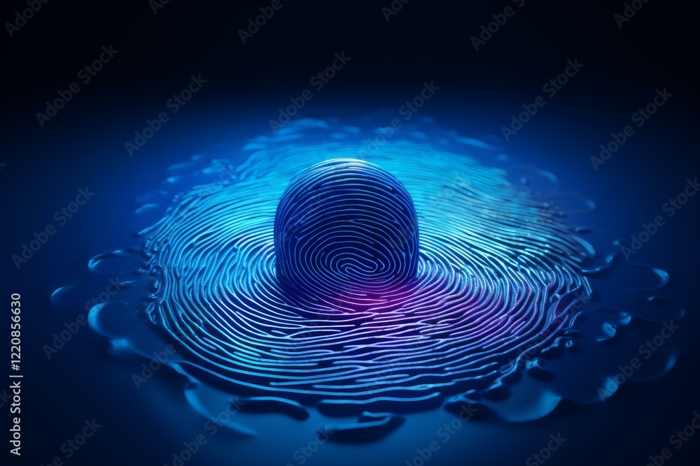 Poster fingerprint sphere emerging from fingerprint puddle, representing biometric identification and acces