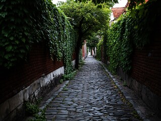 Obraz premium Cobblestone alleyway, lush greenery