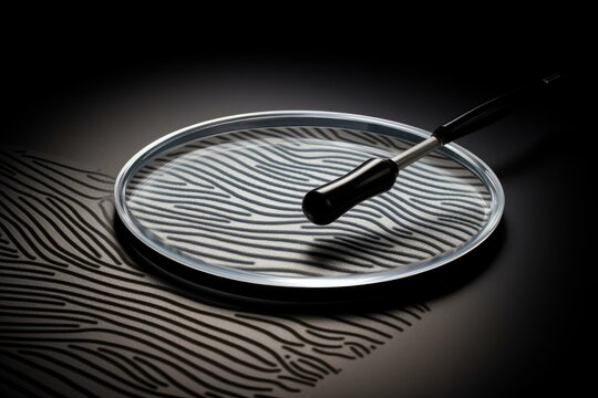 Forensic scientist revealing fingerprint with magnifying glass in crime scene investigation