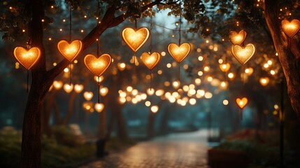 Obraz premium Romantic evening outdoor event enchanted garden decorative lights tranquil atmosphere dreamy viewpoint love concept