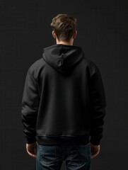 Obraz premium A stylish male model wearing a plain black hoodie, shown from the back.