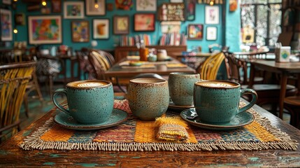 Fototapeta premium Cozy coffee shop interior with four rustic mugs on wooden table