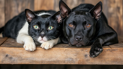 Obraz premium Black Cat and Dog Duo: Companionship on Rustic Wood