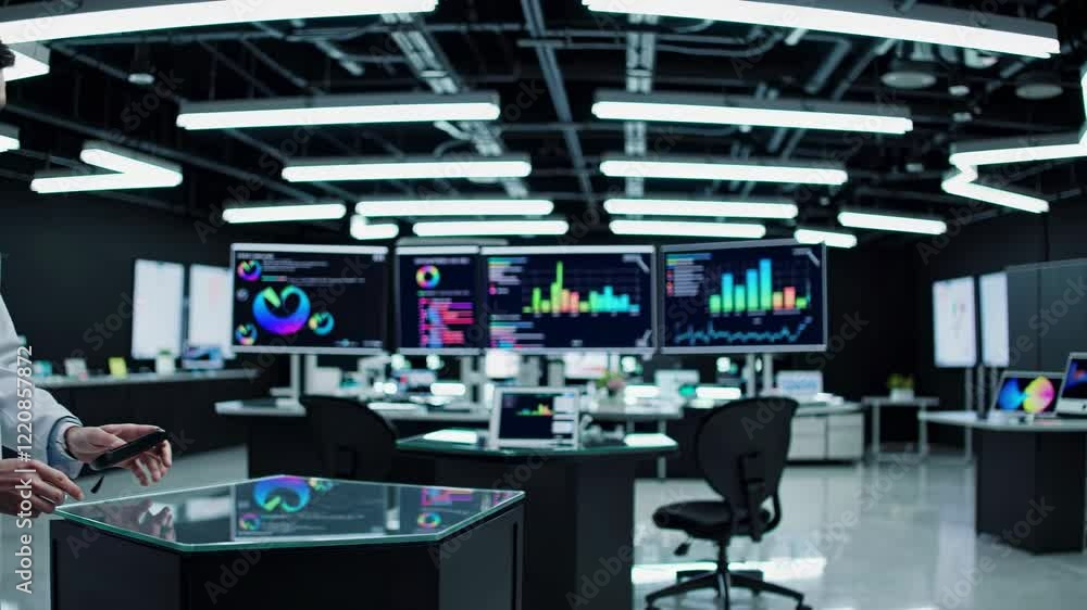 Poster scientist analyzes data in modern laboratory filled with advanced technology and screens