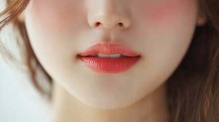 Fototapeta premium Close-up of a woman's face with pink lipstick and blush.