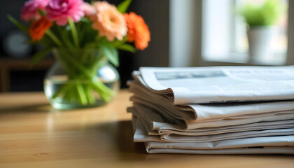 still life with flowers and newspaper, old newspapers on wooden table