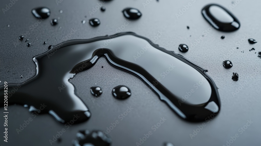 Poster this image showcases a glossy black liquid pooling on a smooth surface, creating interesting reflect