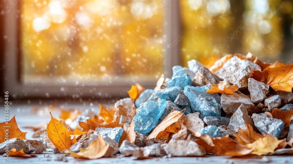Aufkleber the image portrays sparkling crystals juxtaposed with autumn foliage, illuminated by soft sunlight, 