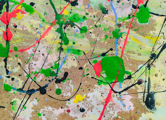 Abstract expressionism. Light background made of acrylic and latex paint. Green, red, yellow and...