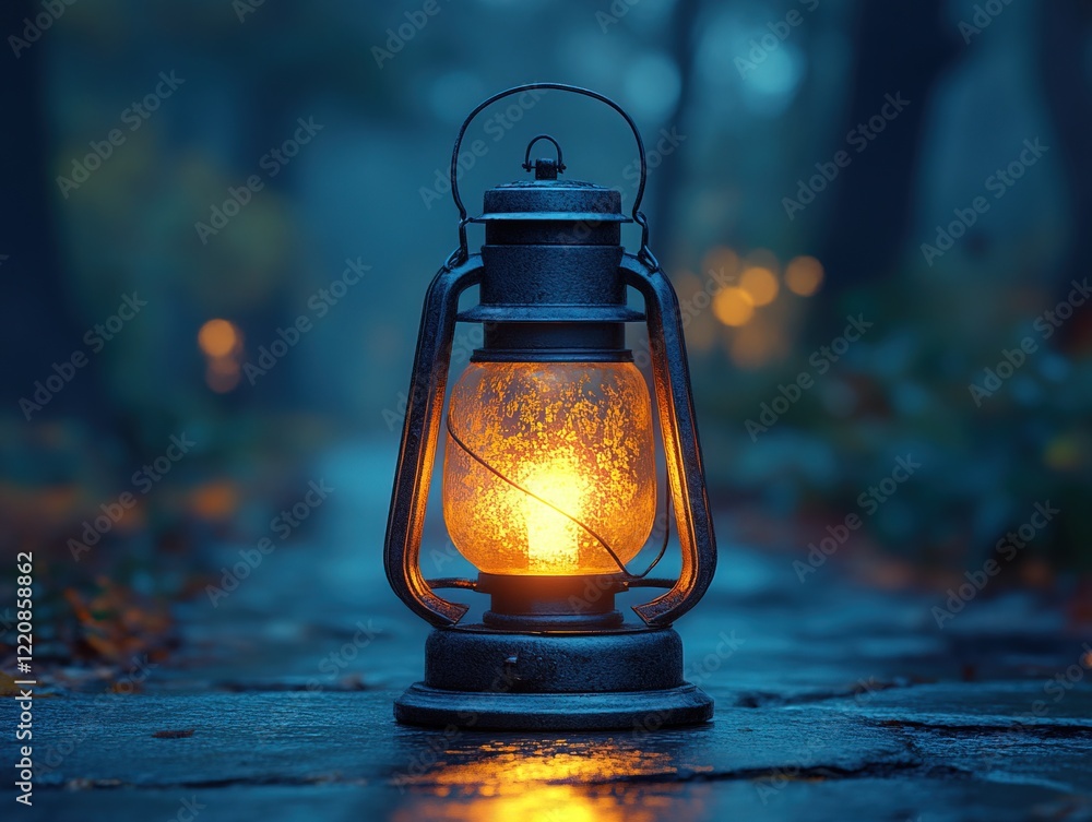 Poster glowing lantern on path in dark forest with distant lights