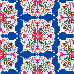 seamless floral pattern, ethnic ornament, fabric print, scarf design with floral motifs, surface backdrop with tulips, mimosa and chamomile, botanical mandala