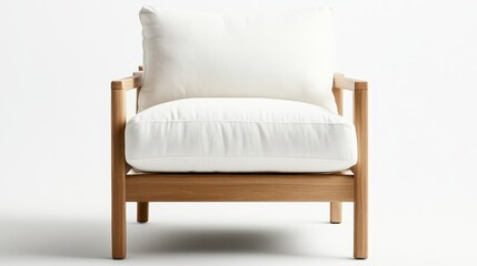 A stylish wooden chair is paired with cozy white cushions, merging rustic charm with modern comfort, perfect for creating soothing and inviting living spaces.