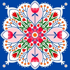 scarf design, scarves with floral motifs, seamless pattern with tulips, mimosa and chamomile, botanical mandala
