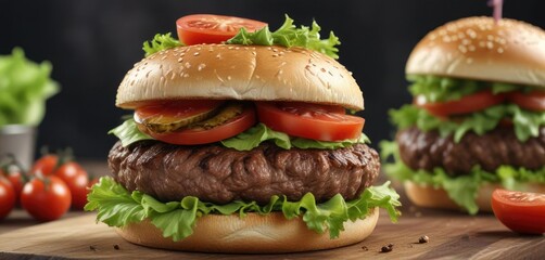 A mouth-watering beef burger topped with crunchy lettuce leaves and ripe tomatoes, crunchy, tomato, green