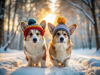 Adorable Corgi Dogs in Knit Hats Frolic in Snowy Winter Forest