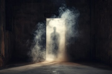 Smoke is billowing out of an open door that leads into a dark room