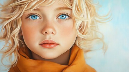 Fototapeta premium Portrait of a Young Child with Blonde Hair and Bright Blue Eyes