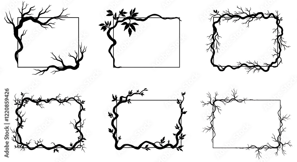 Poster dry branches silhouettes rectangular shape frame set. arid tree part with leaves elegant liana creep