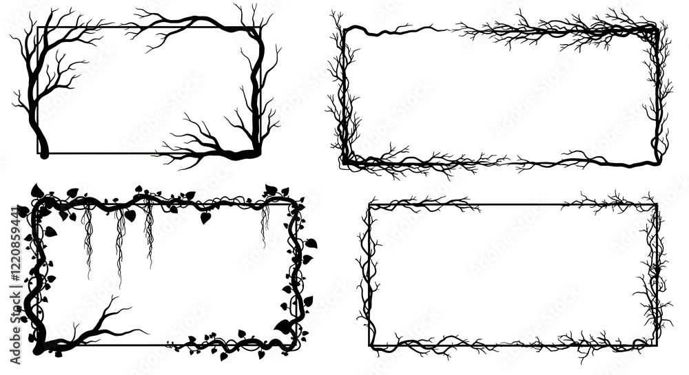 Poster dry branches silhouettes rectangular shape frame set. arid tree part with leaves elegant liana creep