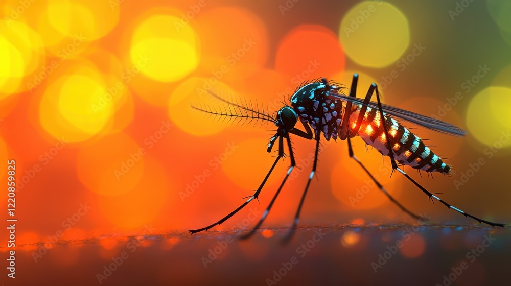 Poster close-up of a mosquito perched on a surface with a colorful bokeh background at dusk