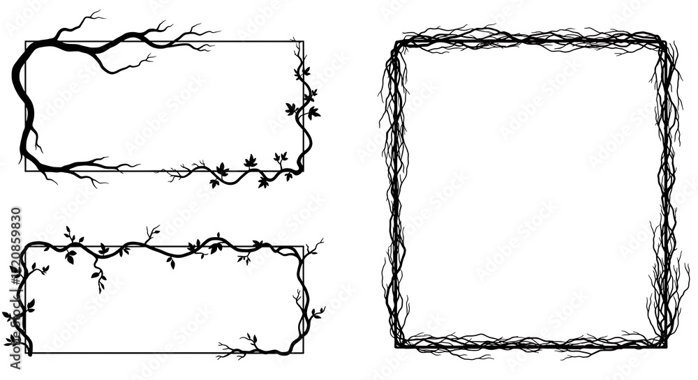 Poster dry branches silhouettes rectangular shape frame set. arid tree part with leaves elegant liana creep